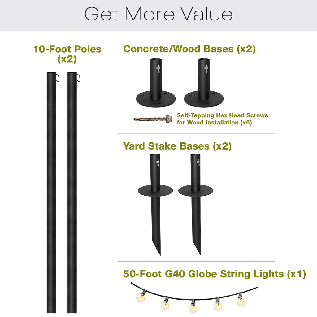 EXCELLO GLOBAL PRODUCTS Bistro String Light Poles - 2 Pack - Extends to 10 Feet - Universal Mounting Options Included with 50 ft. of G40 LED Lights (50 Lights)