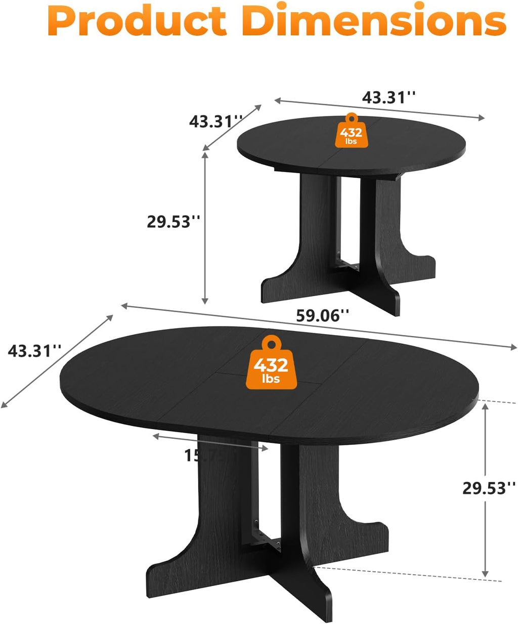 Zevemomo 43'-59' Round Expandable Dining Table, Extendable Dining Room Table for 4-6, Oval Tabletop with Wood Base Removable Leaf, Modern Black Circle Dinner Table for Kitchen Room Living Room