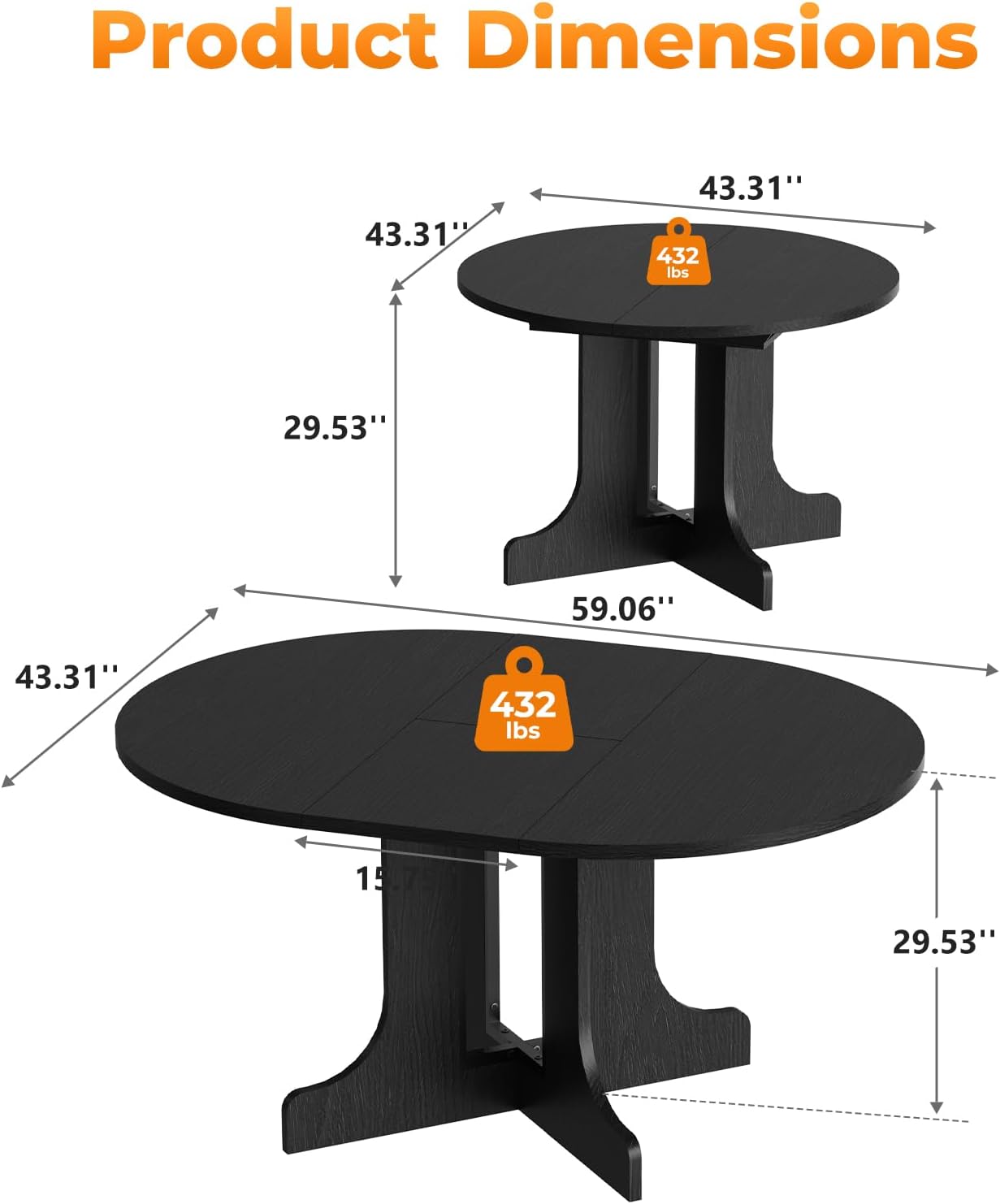 Zevemomo 43'-59' Round Expandable Dining Table, Extendable Dining Room Table for 4-6, Oval Tabletop with Wood Base Removable Leaf, Modern Black Circle Dinner Table for Kitchen Room Living Room