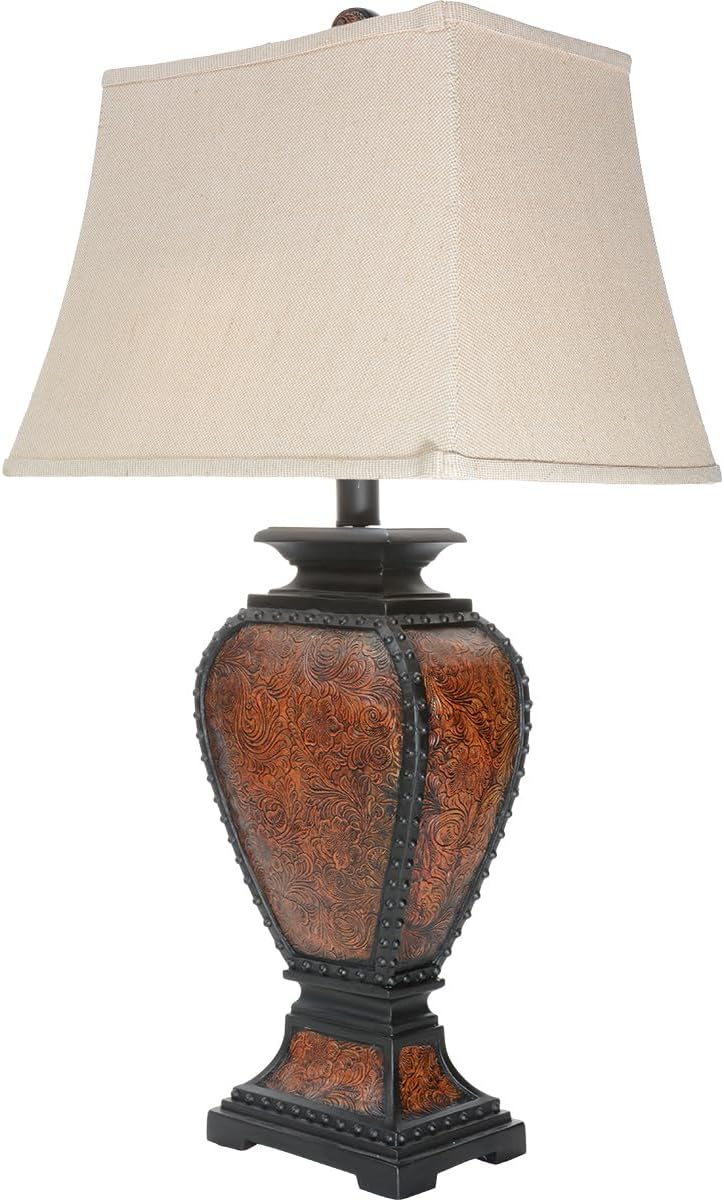BLACK FOREST DECOR Western Tooled Leather Table Lamp - Rustic Faux Leather Shade for Cabin Decor
