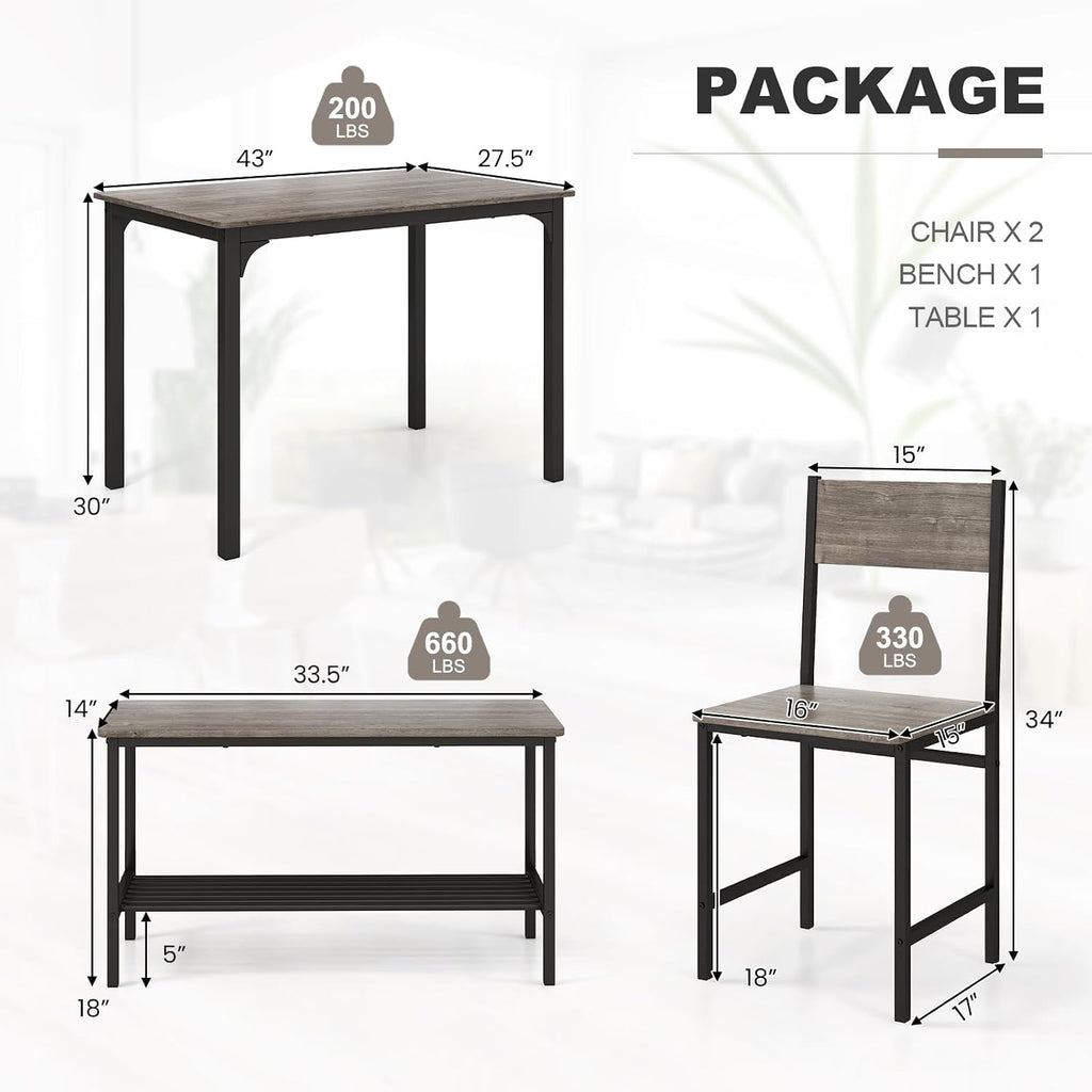 Giantex Dining Table Set for 4, Kitchen Table with Bench and Chairs, Industrial Gathering Bench Dining Set W/Metal Frame & Storage Rack, Dinette Set, Modern Functional Desk Set (Grey)