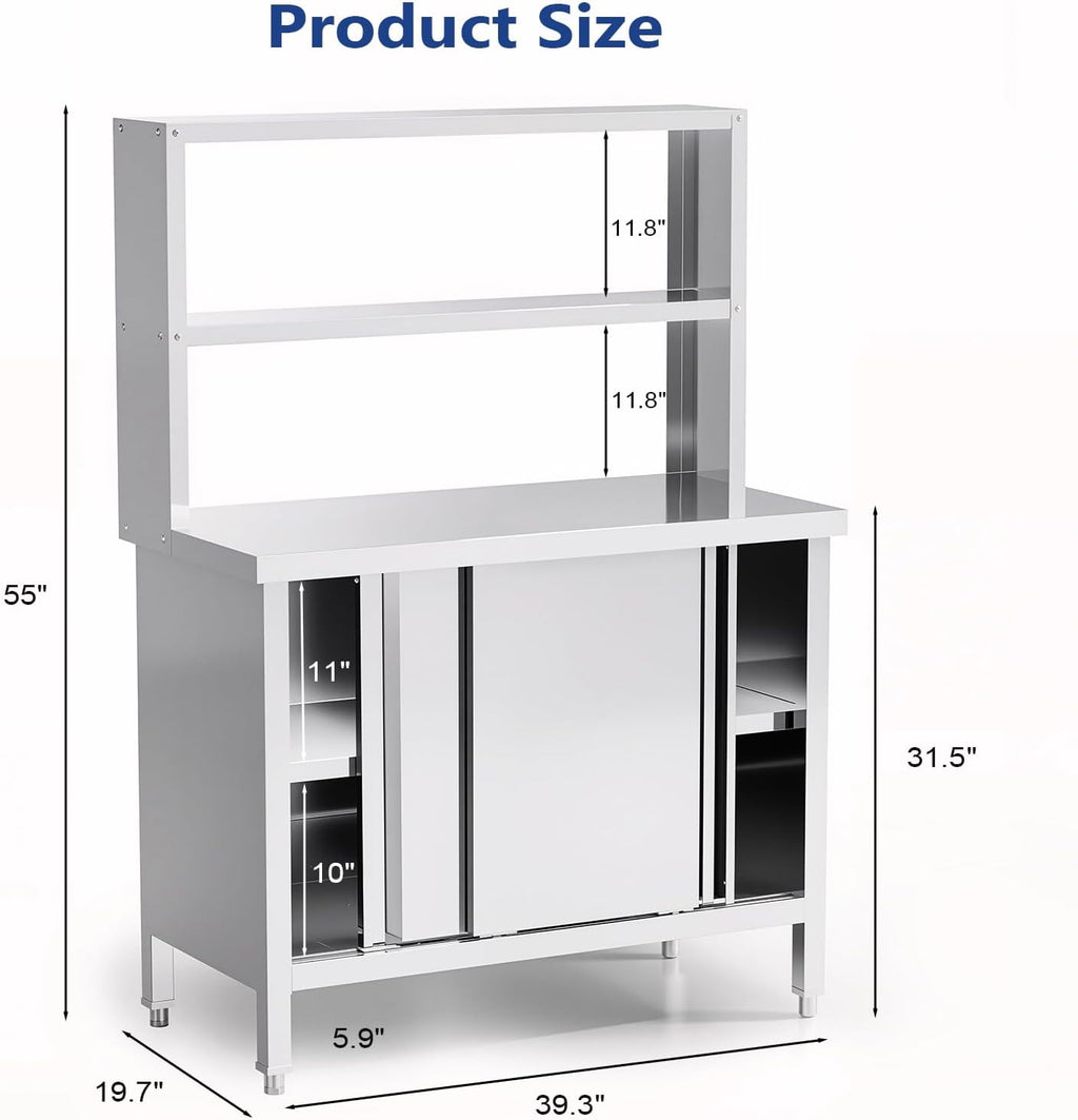 ROVSUN All Stainless Steel Table with Overshelves 39' X 19', NSF Commercial Heavy Duty Pre Table with Large Space Storage Cabinet for Kitchen Restaurant Hotel Garages