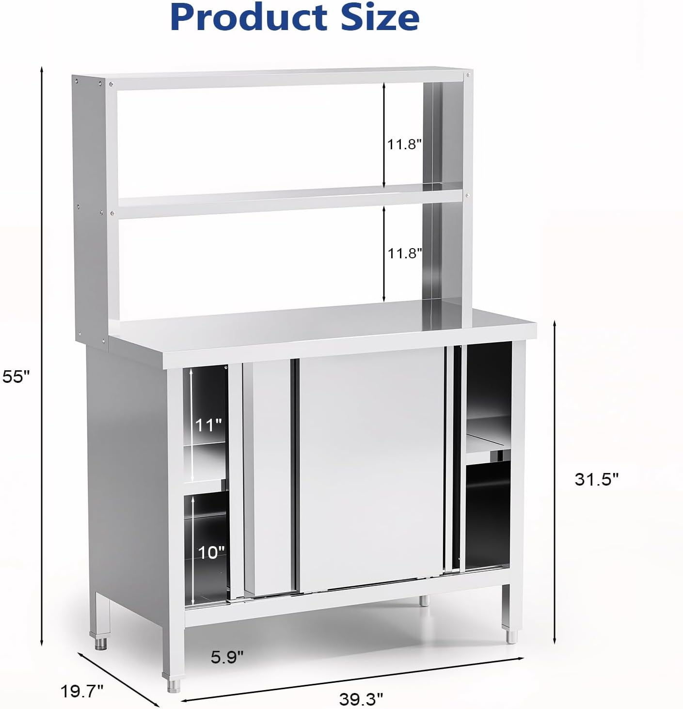 ROVSUN All Stainless Steel Table with Overshelves 39' X 19', NSF Commercial Heavy Duty Pre Table with Large Space Storage Cabinet for Kitchen Restaurant Hotel Garages