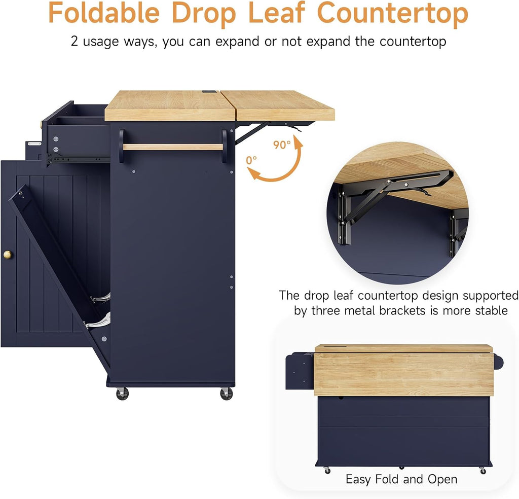 ONBRILL 60' Kitchen Island with Power Outlet & Drop Leaf, Mobile Storage Island with Spice Rack & Towel Rack, 4 Levels, Blue