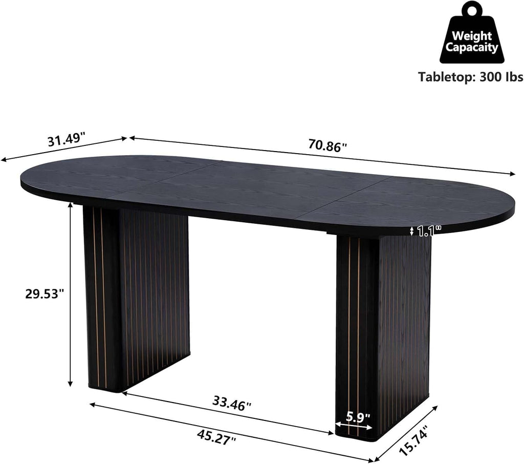 70.8 Inch Kitchen Dining Table for 4-6 People, Oval Kitchen Table with Wood Strip Base, Modern Farmhouse Large Round Dining Room Tables for Home Living Room (Black)