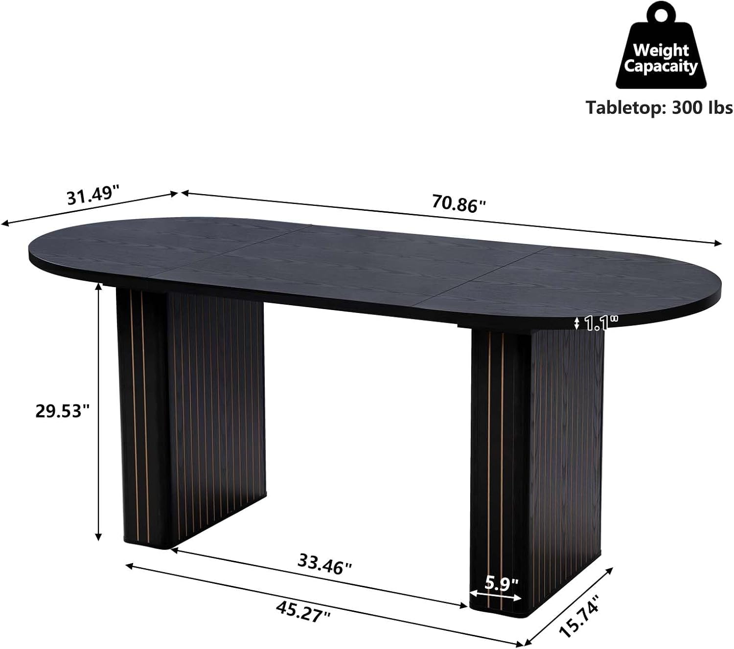 70.8 Inch Kitchen Dining Table for 4-6 People, Oval Kitchen Table with Wood Strip Base, Modern Farmhouse Large Round Dining Room Tables for Home Living Room (Black)