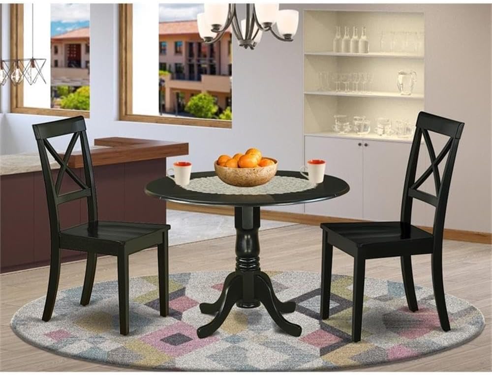 East West Furniture DLBO3-BLK-W 3 Piece Dining Table Set for Small Spaces Contains a Round Dining Room Table with Dropleaf and 2 Wood Seat Chairs, 42x42 Inch, Black