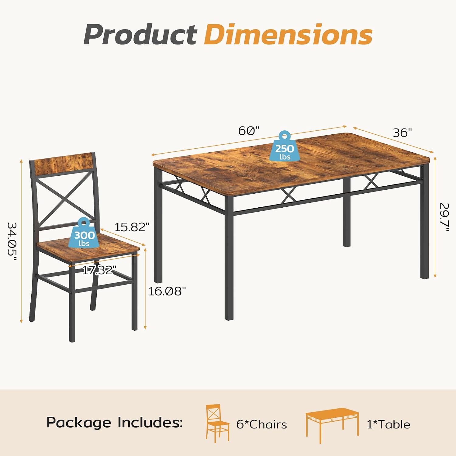 Zevemomo 7-Piece Dining Table Set, Kitchen Table Chairs Set of 6, Dining Room Sets for 6, Farmhouse Dining Table Set with 6 X-Shaped Curved Backrest Chairs, for Kitchen & Living Room-Rustic Brown