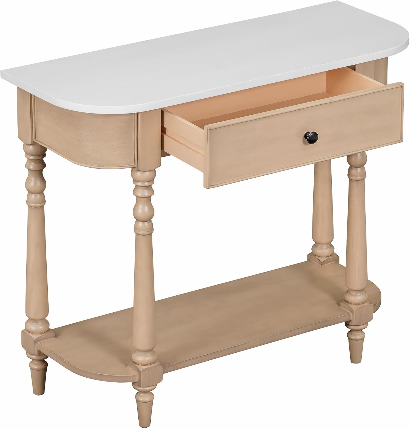 LKTART Small Corner-Curved Console Table,Farmhouse Entryway Table with Solid Wood Frame and Legs,Sofa Table with Drawer &Open Shelf for Behind Couch,Living Room,Hallway,Foyer(Beige+White 36')