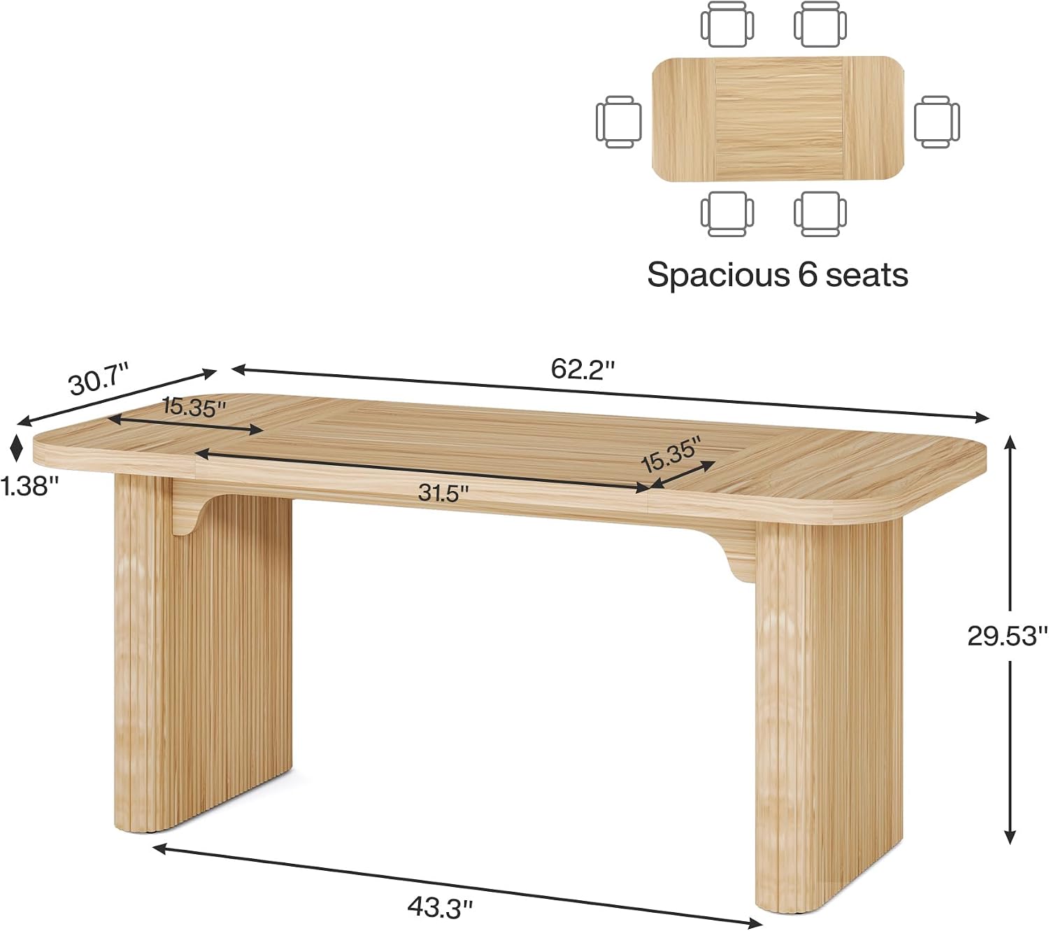 Tribesigns Modern Dining Table for 6 People, 62-Inch Natural Wood Kitchen Table with Double Robust Pedestal, Long Rectangle Wooden Dinner Table for Dining Room