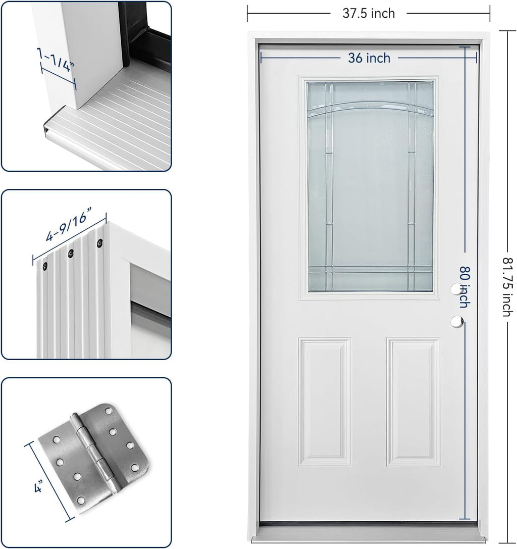 Durable 36 in. x 80 in. Composite Fiberglass Entry Door – 1/2 Lite 2-Panel Decorative Glass, Prehung Exterior Front Door, Left-Hand Inswing, Finished White, Ready to Install