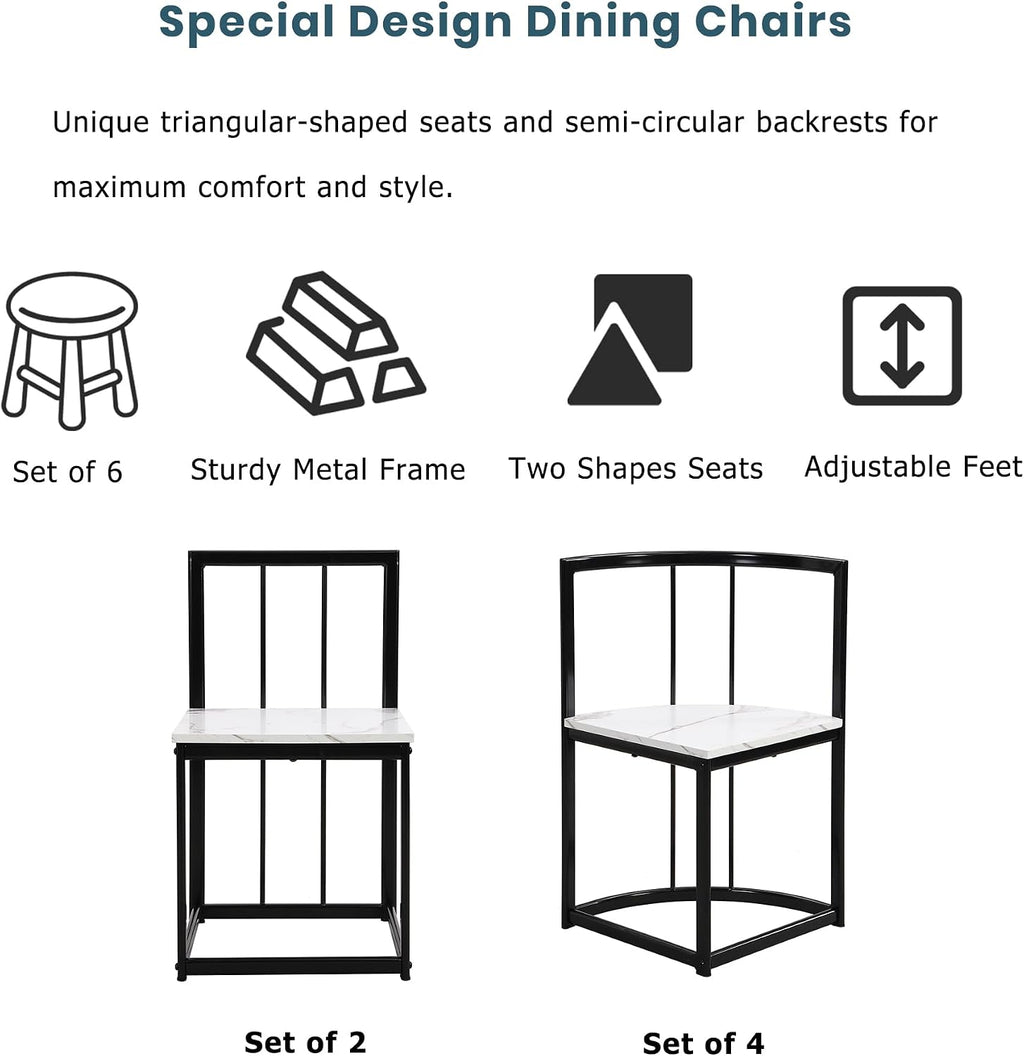 7 Piece Dining Table Set, Metal Kitchen Dining Table Set with Chairs for 6 Persons for Small Space, Black White
