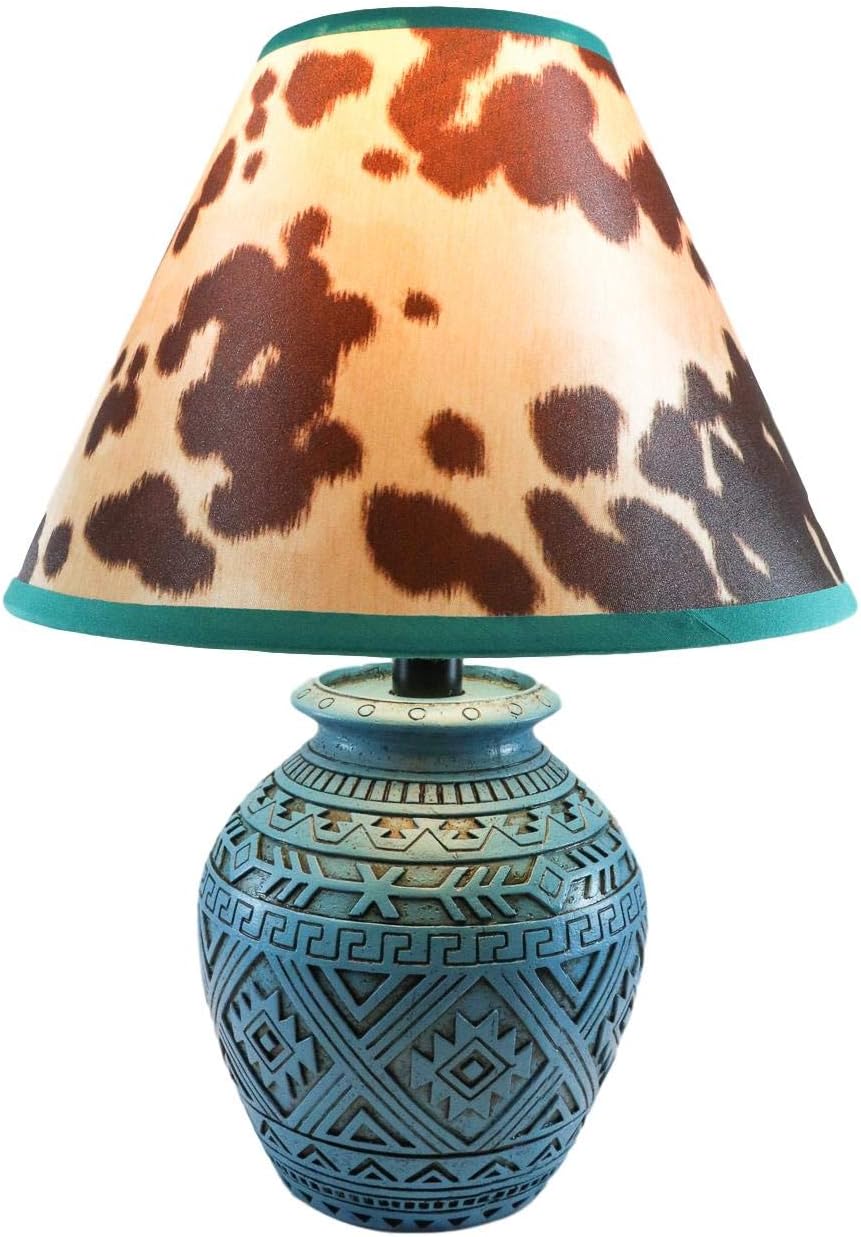 Ebros Blue Southwest Tribal Navajo Turquoise Vector Geometric Design Petite Vase Shaped Desktop Side Table Lamp With Faux Cow Print Shade 15'H Native Indian Country Western Home Accent Lighting Decor