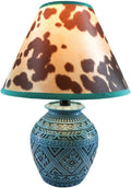Ebros Blue Southwest Tribal Navajo Turquoise Vector Geometric Design Petite Vase Shaped Desktop Side Table Lamp With Faux Cow Print Shade 15'H Native Indian Country Western Home Accent Lighting Decor