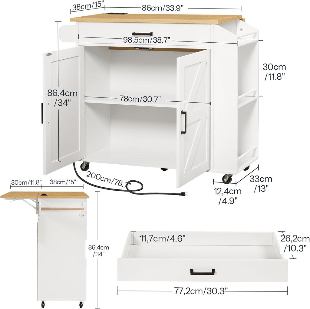 HOOBRO Kitchen Island with Drop Leaf Countertop & Power Outlet, Rolling Island Cart on Wheels, Kitchen Cart with Drawer & Spice Rack, Mobile Island Table for Kitchen, White and Natural WN86UZD01