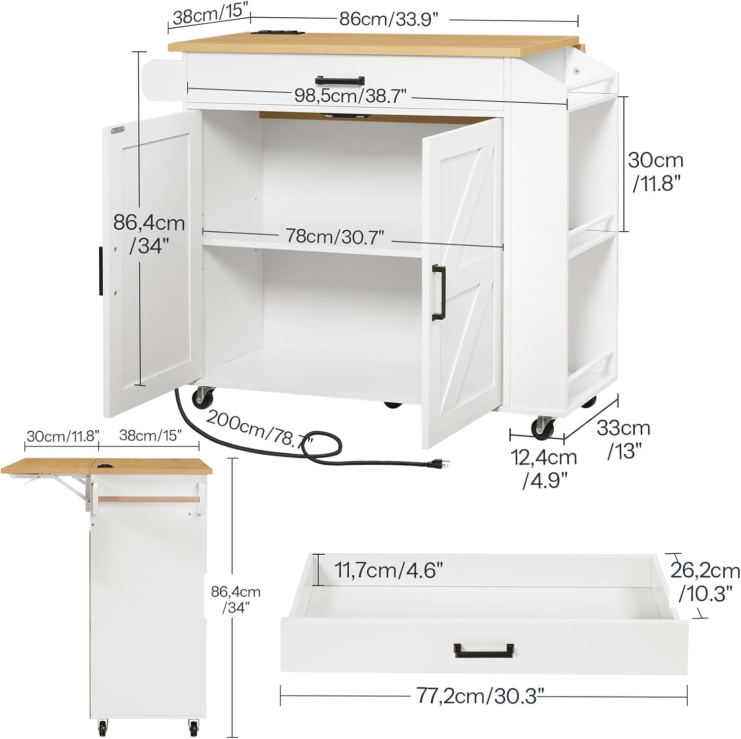 HOOBRO Kitchen Island with Drop Leaf Countertop & Power Outlet, Rolling Island Cart on Wheels, Kitchen Cart with Drawer & Spice Rack, Mobile Island Table for Kitchen, White and Natural WN86UZD01