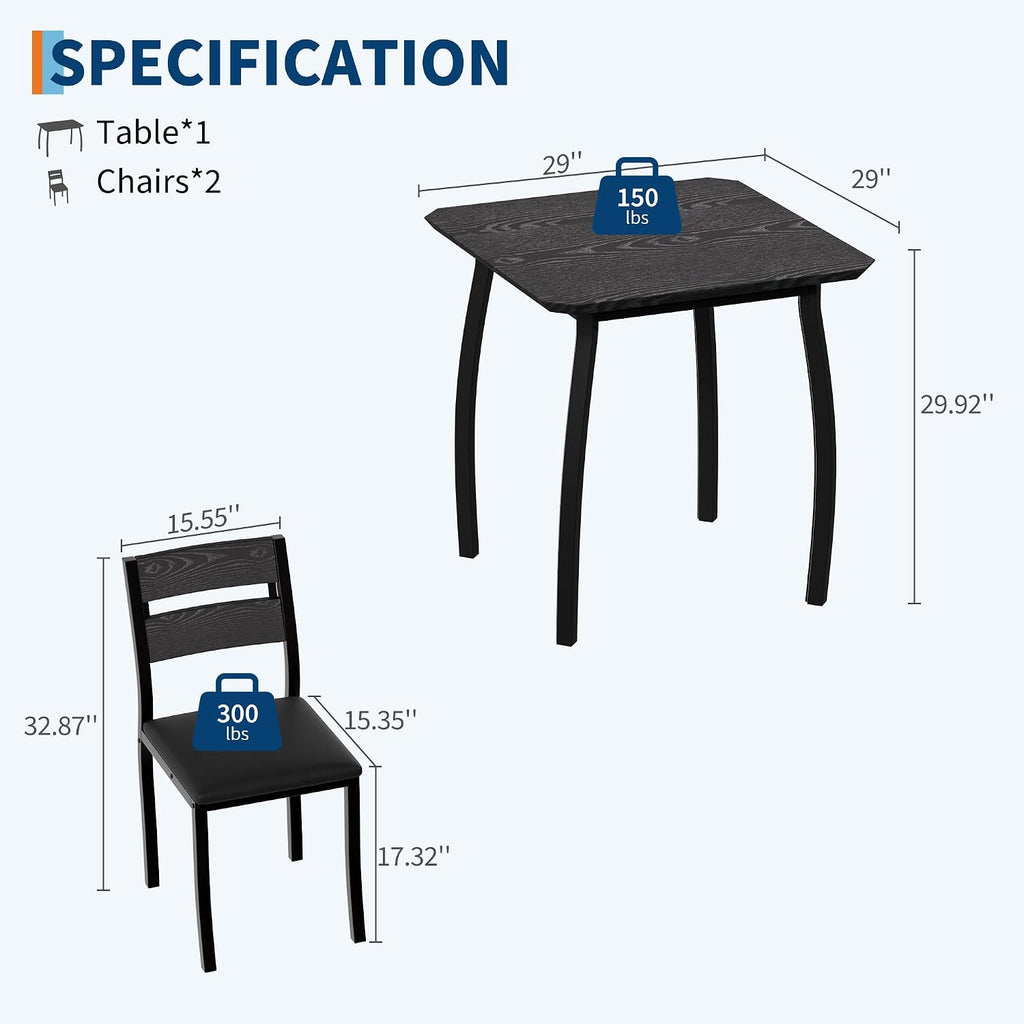 Garvee 3 Piece Dining Table Set for 2, Small Kitchen Table with Metal Frame & Wood Tabletop, Includes 2 Upholstered Chairs, for Apartment, Home Kitchen, Black