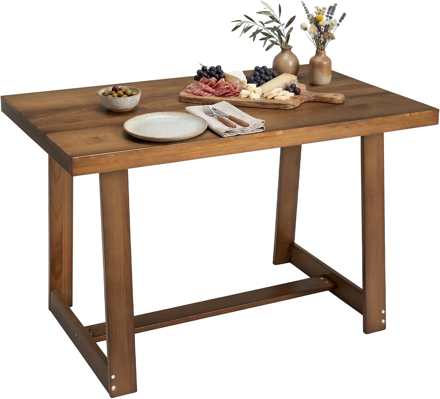 VINGLI 48 Inch Farmhouse Dining Table for 4-6, Solid Pine Wood Table with 4 Corner Protectors, Rectangular Dining Table for Kitchen, Dining Room, Small Apartment, Studio, Family Dinner, Walnut