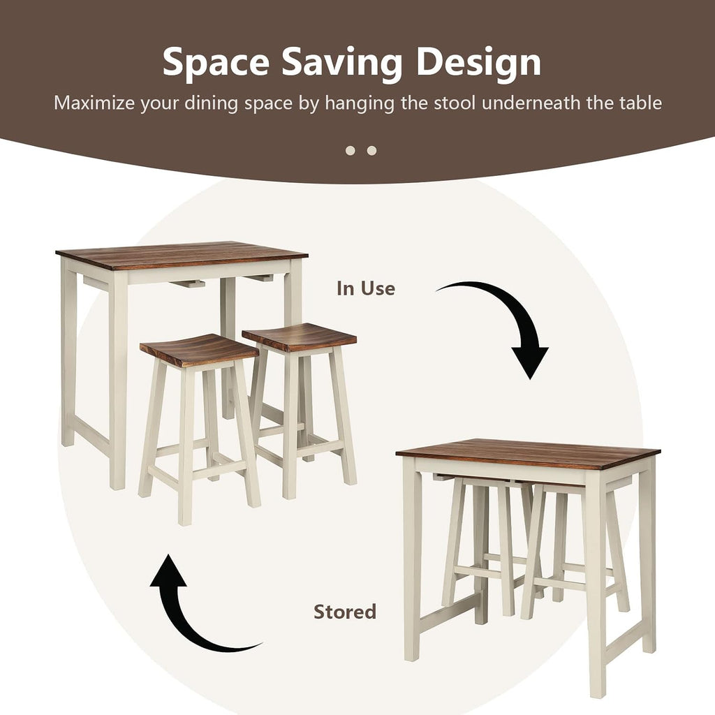 COSTWAY 3 Pieces Dining Set, Counter Height Pub Table Set with 2 Saddle Stools, Industrial Wood Breakfast Table Set for Bar, Kitchen, Living Room, Restaurant