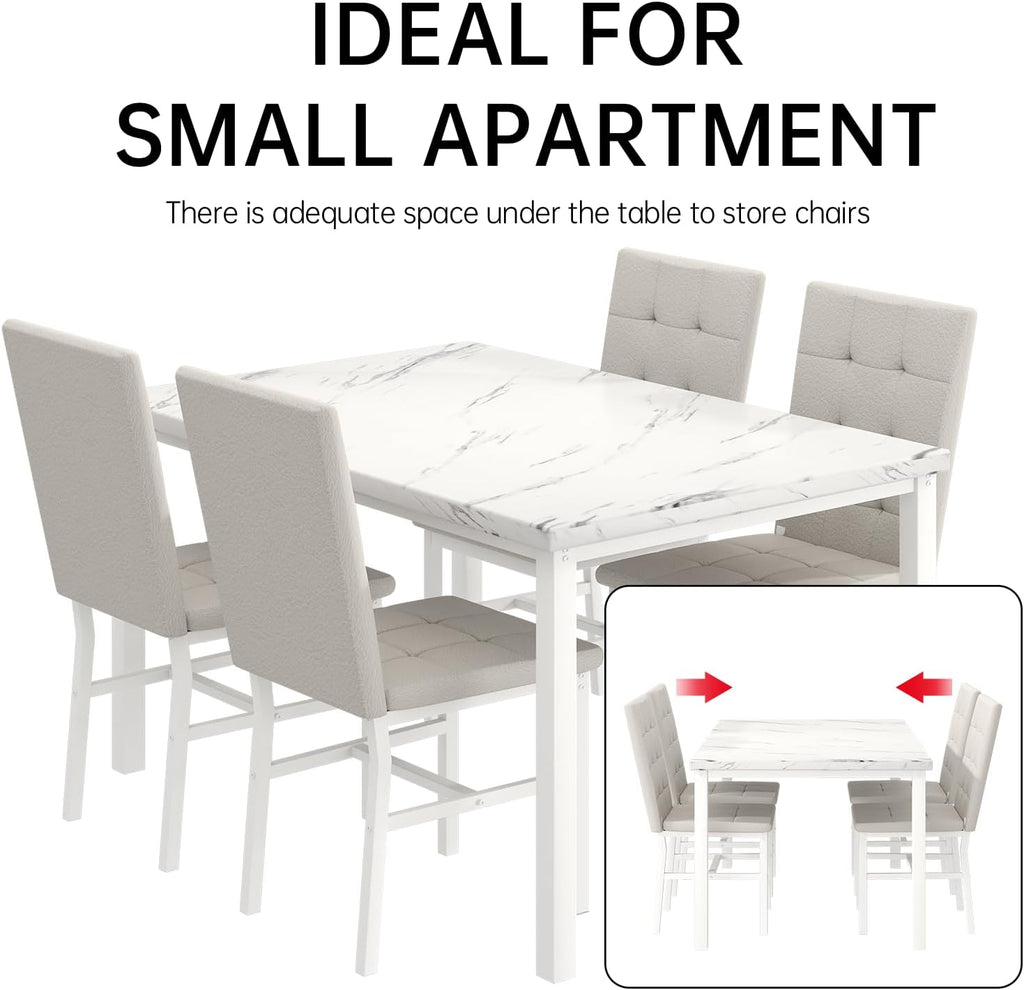 Hooseng Dining Room Table Set 5 Piece Dining Table Set Marble Dining Table 4 Chair Dining Table Set for Kitchen Living Room Breakfast Small Spaces (White)