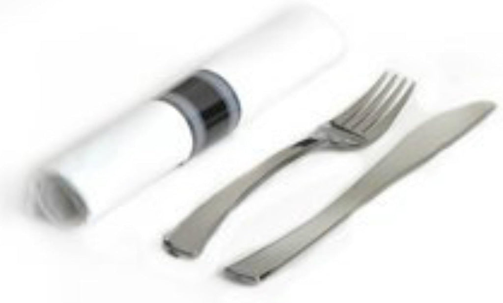 200 Elegant Pre Wrap Disposable Plastic Silverware Sets Silver Fork Knife White Linen-Quality Paper Napkin Roll Cutlery Sets Great Pre Rolled Cutlery in Linen-Feel White Napkins