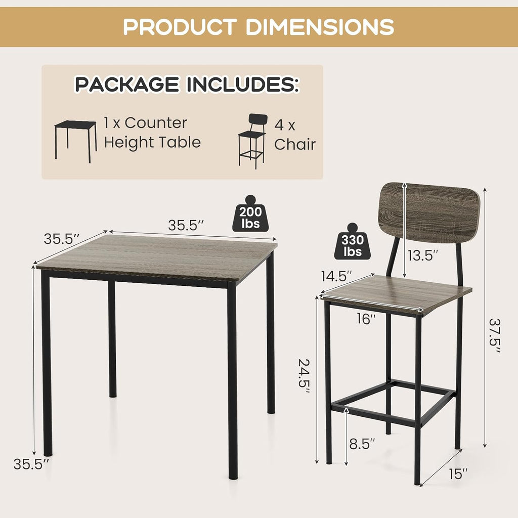 Giantex 5-Piece Dining Table Set W/Counter Height Table & 4 Bar Stools, Modern Kitchen Dining Set W/Footrest & Backrest, Space-Saving Dinette Set for Pub, Dining Room, Restaurant (Black Oak)