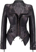 Women's Washed PU Leather Jacket With Lapel Rivets And Fitted Waist For Casual Autumn Fashion