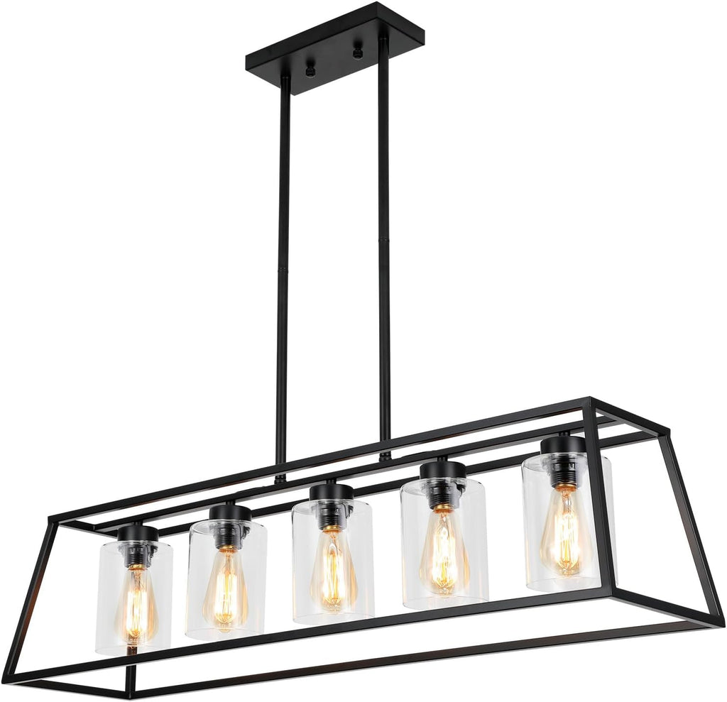 Kitchen Island Lighting,5-Light Black Chandeliers for Dining Room Light Fixtures Over Table, Farmhouse Rectangle Chandelier Island Lights for Kitchen with Cylinder Clear Glass