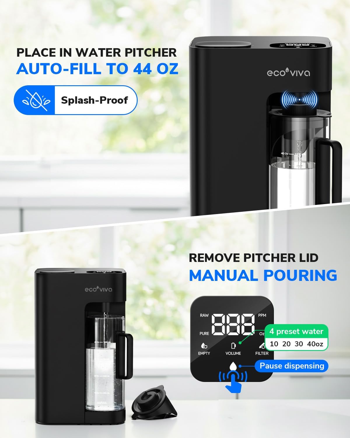 Ecoviva Mate 3 UV Countertop Reverse Osmosis Water Filter with 2 Auto-Fill Pitchers, 9-Stage RO Filtration System, Installation-Free, Reduces TDS, 3:1 Pure-to-Drain Ratio, Home & Kitchen, Black