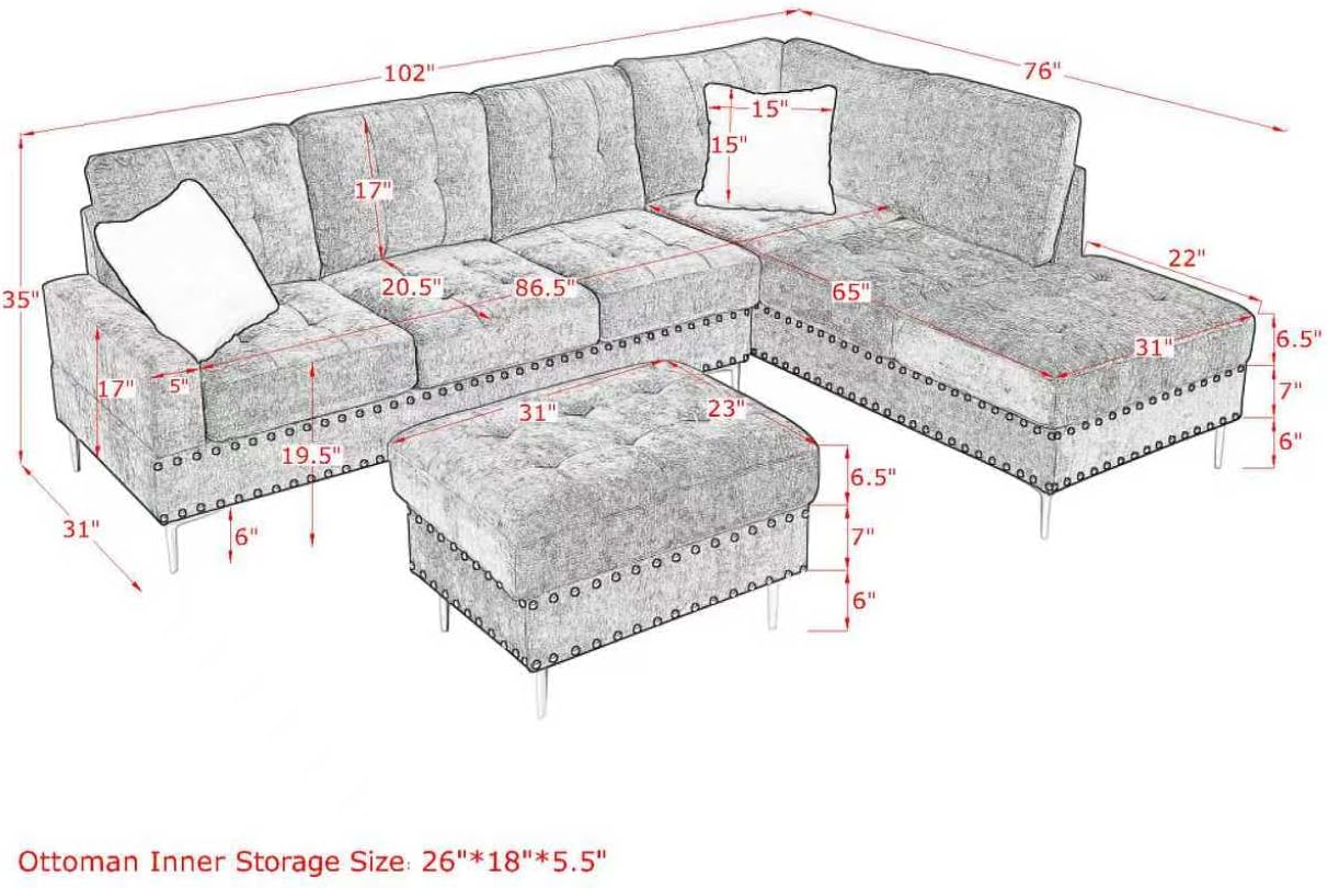 102' L-Shaped Sectional Coch with Chaise & Storage Ottoman, 4-Seater Chenille Upholstered Sofa Couch with Metal Legs & Copper Rivets, Sectional Couches for Living Room with Pillow Back, Navy Bule