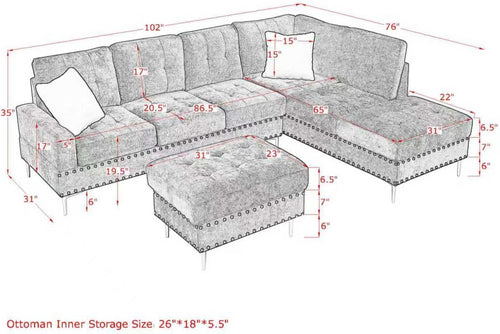 102' L-Shaped Sectional Coch with Chaise & Storage Ottoman, 4-Seater Chenille Upholstered Sofa Couch with Metal Legs & Copper Rivets, Sectional Couches for Living Room with Pillow Back, Navy Bule