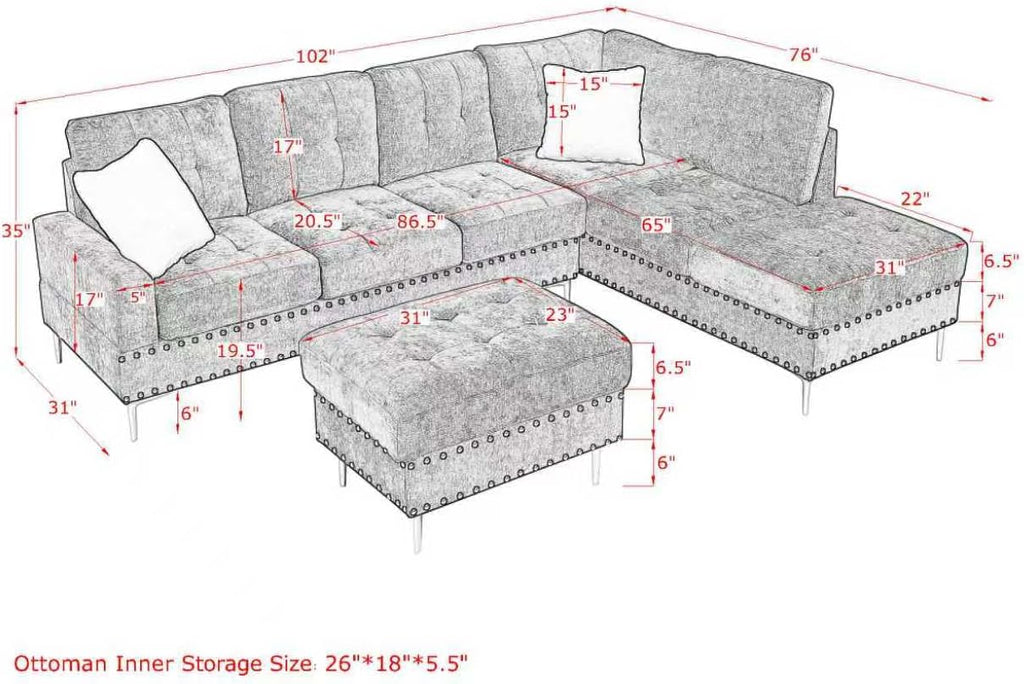 102' L-Shaped Sectional Coch with Chaise & Storage Ottoman, 4-Seater Chenille Upholstered Corner Sofa Couch with Metal Legs & Copper Rivets, Sectional Couches for Living Room with Pillow Back, Black