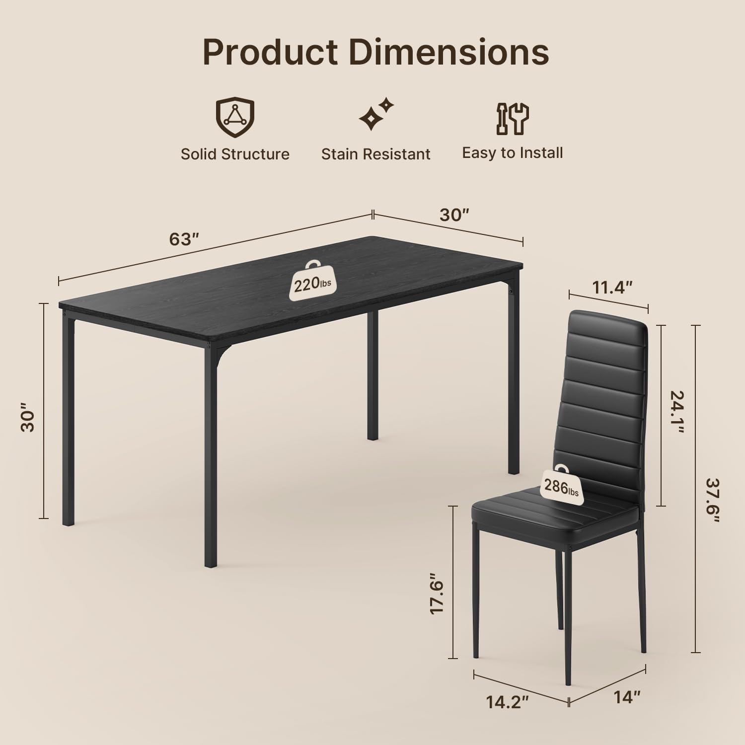 Gizoon Dining Table Set for 6, Kitchen Table Chairs Set of 6, 7 Piece Kitchen Table Set with 6 Upholstered PU Leather Chairs for Dining Room, Living Room, Apartment, Small Space, Black