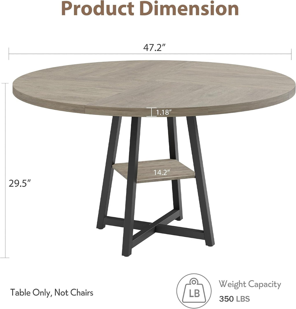 Garvee 47.2 in Round Dining Table for 4-6 People, Industrial Round Kitchen Table with Sturdy Metal Pedestal Base & Storage Shelf, Circle 4 Dinner Table for Dinner, Kitchen, Dining Room