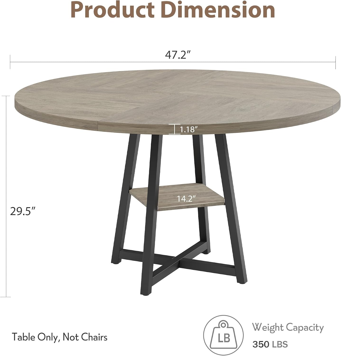 Garvee 47.2 in Round Dining Table for 4-6 People, Industrial Round Kitchen Table with Sturdy Metal Pedestal Base & Storage Shelf, Circle 4 Dinner Table for Dinner, Kitchen, Dining Room
