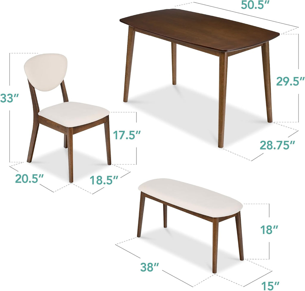 Best Choice Products 4-Piece Mid-Century Modern Wood Dining Kitchen Table & Chair Set w/ 2 Upholstered Chairs, Bench Seat - Walnut/Cream