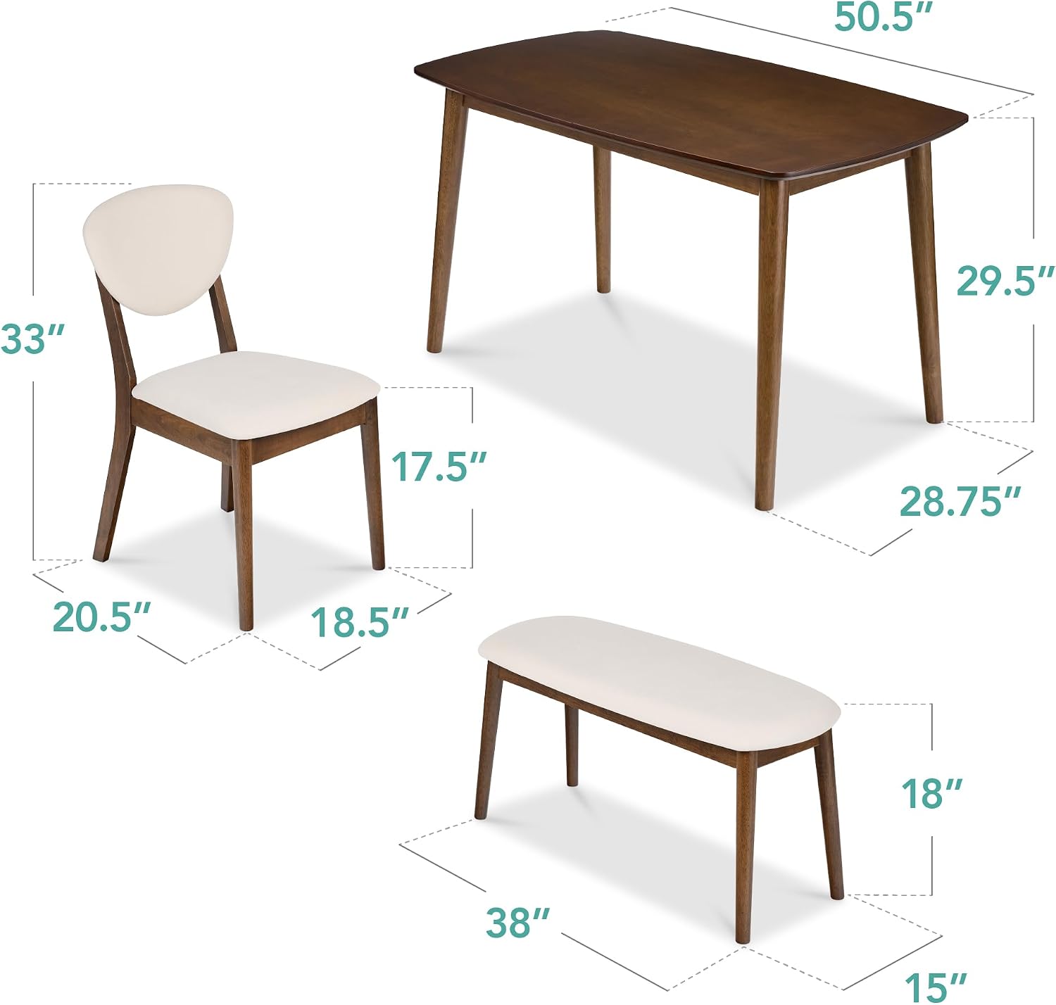 Best Choice Products 4-Piece Mid-Century Modern Wood Dining Kitchen Table & Chair Set w/ 2 Upholstered Chairs, Bench Seat - Walnut/Cream