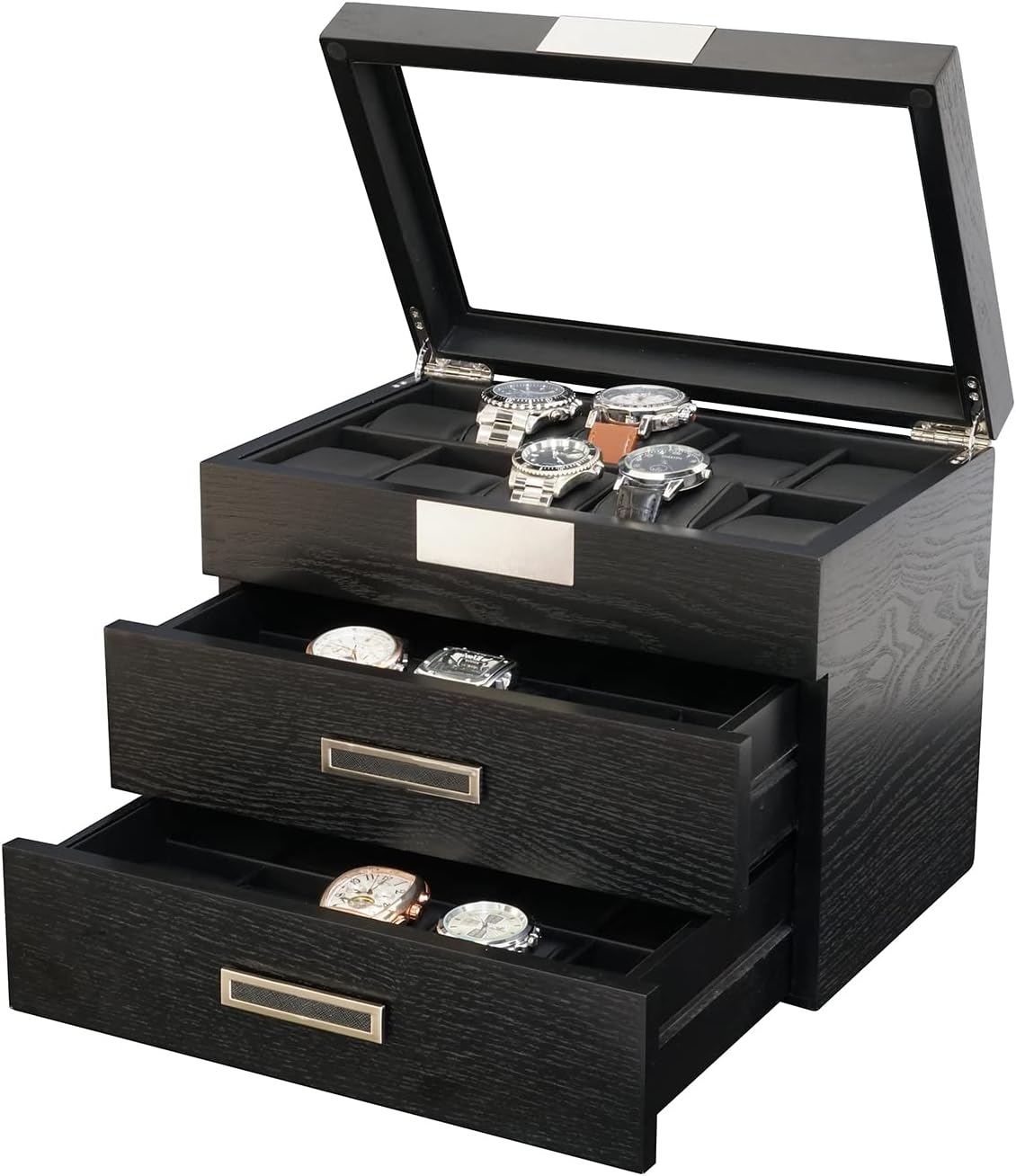 TIMELYBUYS 30 Black Ebony Wood Watch Extra Height Clearance Box Display Case 3 Level Storage Jewelry Organizer with Glass Top, Stainless Steel Accents, and 2 Drawers