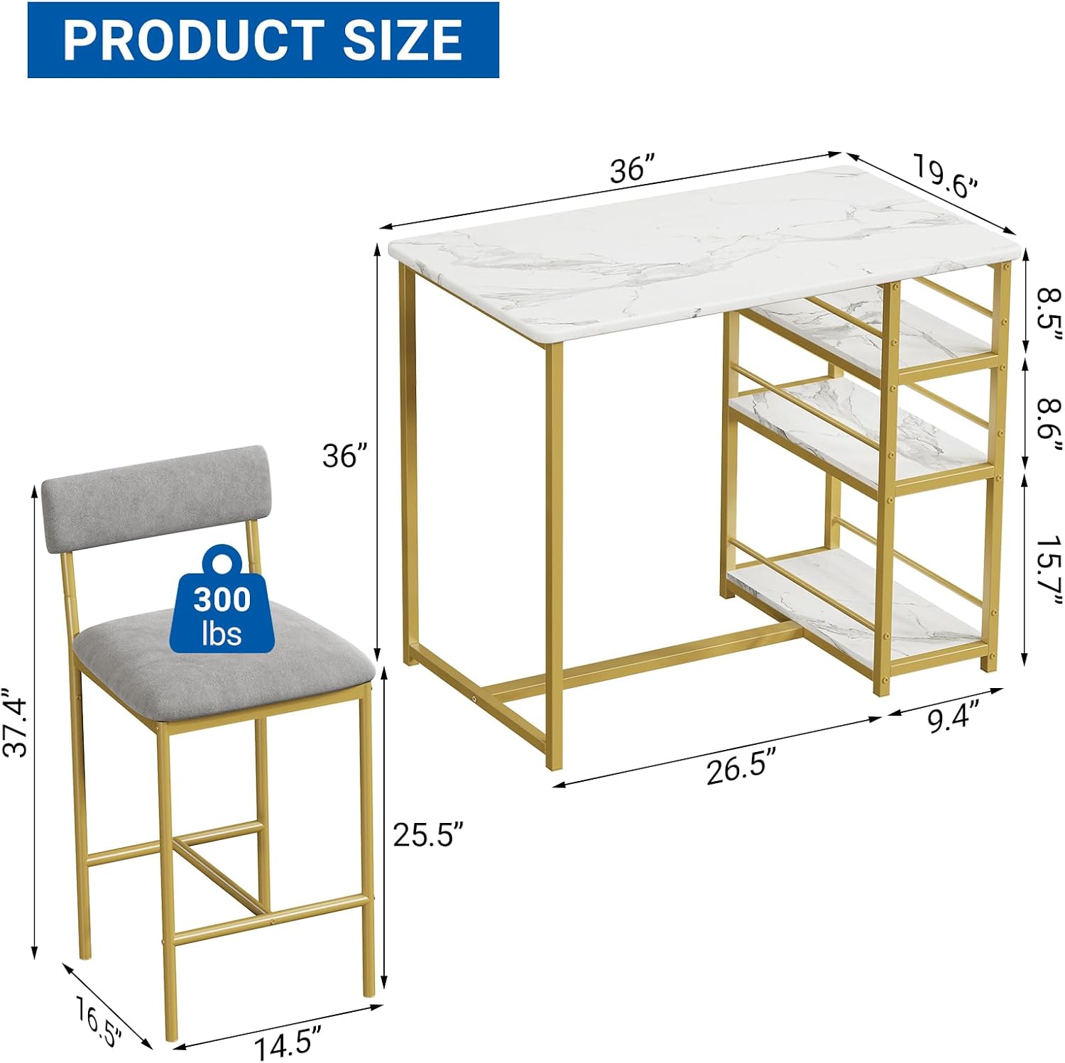 GarveeHome Dining Table Set for 2, Counter Height Kitchen Table with 2 Upholstered Bar Stools, Dining Table and Chairs Set with Storage Shelves, for Small Space, Apartment, Gold-Gray-White
