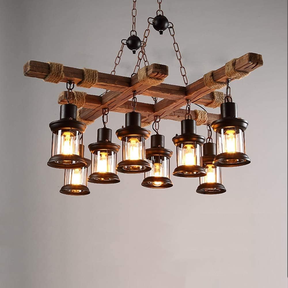GHY 8 Lights Industrial Wooden Hanging Lighting Black Metal Chandelier Farmhouse Vintage Pendant Lamp Glass Lampshade for Pool Table Kitchen Island Bar Retro Ceiling Light Height Adjustable Fixture