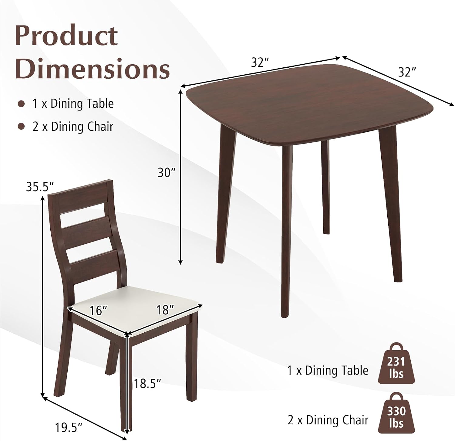 Giantex Small Dining Table Set for 2, Wood Square Kitchen Table and 2 Dinner Chairs with Upholstered Seat & Curved Backrest, Space-Saving Dinette Set for Small Space, Living Room, Dining Room