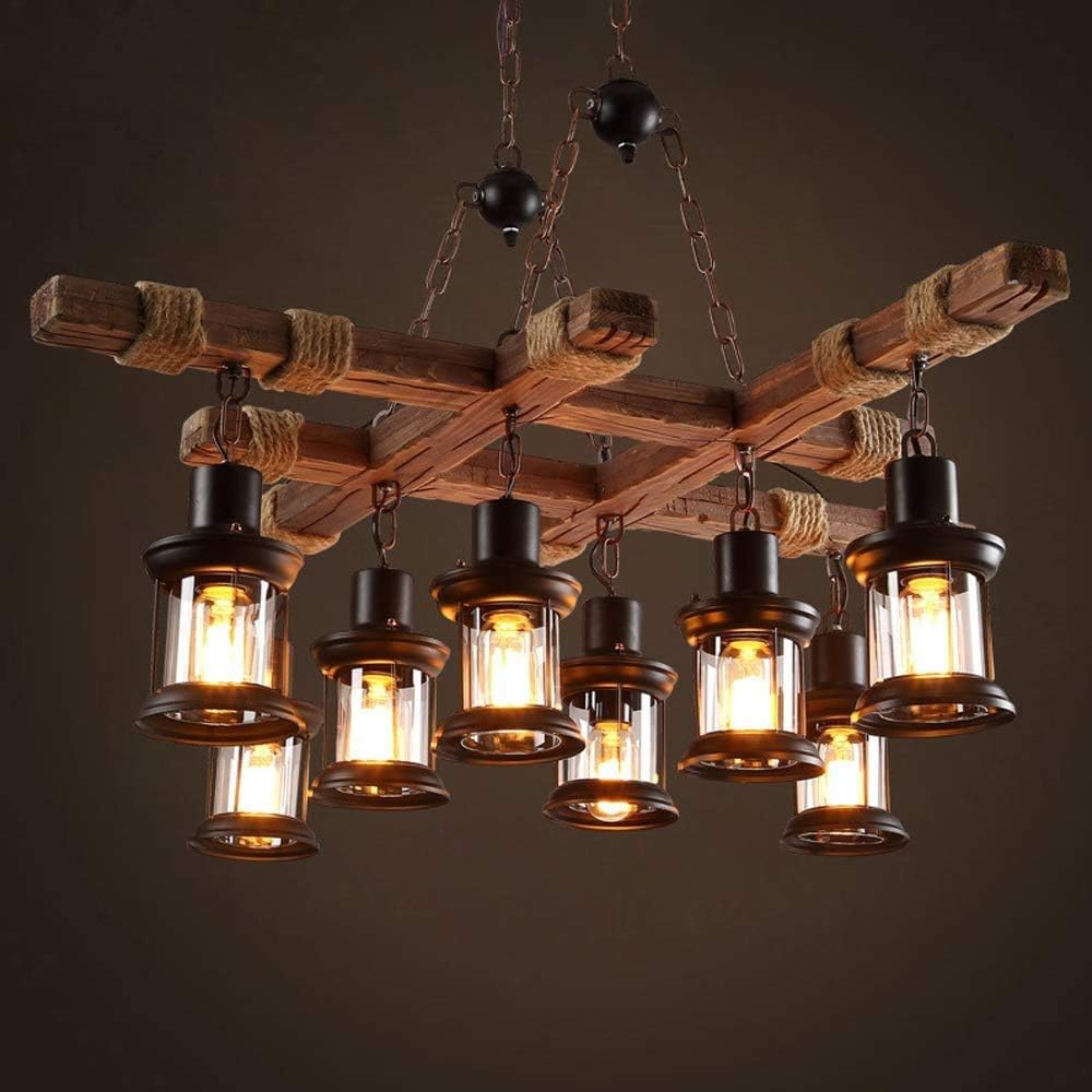 GHY 8 Lights Industrial Wooden Hanging Lighting Black Metal Chandelier Farmhouse Vintage Pendant Lamp Glass Lampshade for Pool Table Kitchen Island Bar Retro Ceiling Light Height Adjustable Fixture