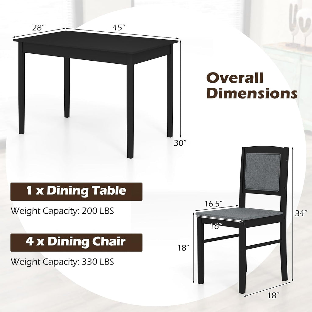 Tangkula Dining Table Set for 4, Farmhouse Solid Wood Dinette Set w/Rubber Wood Legs, Upholstered Seat & Padded Backrest, Mid-Century Modern Dining Table and Chairs Set for Kitchen, Dining Room