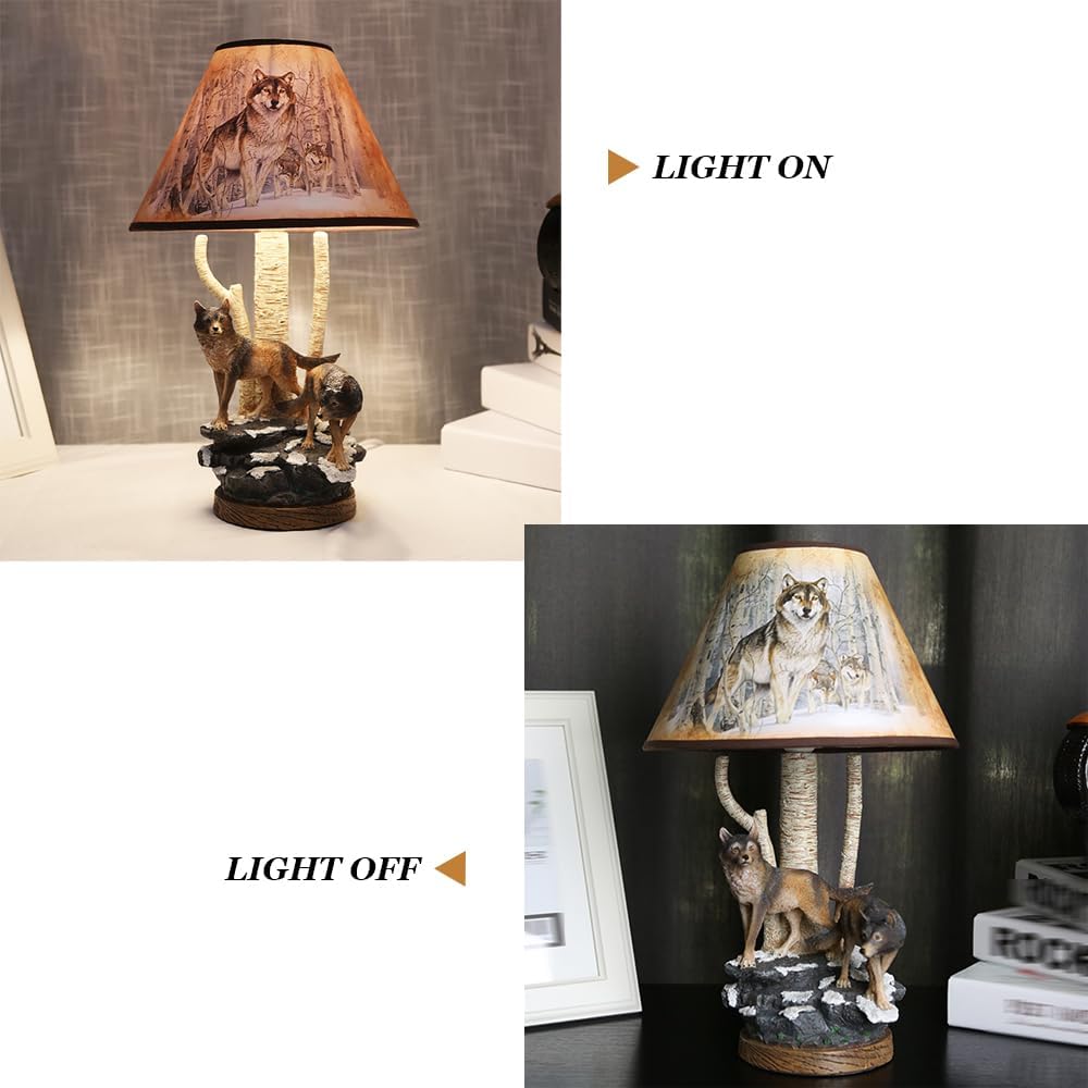 Meefad Wolf Table Lamp, Rustic Bedside Lamp with Resin Base, Retro Night Light, Accent Lamp for Bedroom Reading Nightstand