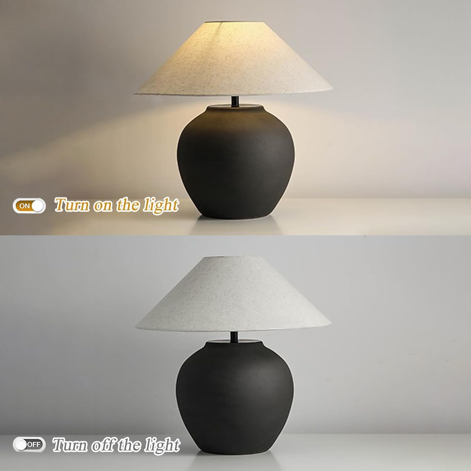 Rustic Farmhouse Table Lamps, Black 21.6' Tall Ceramic Table Lamp, Simple Textured Ceramic Lamp Body with White Textured Shade Bedside Table Lamp for Living Room Bedroom Office (Black)