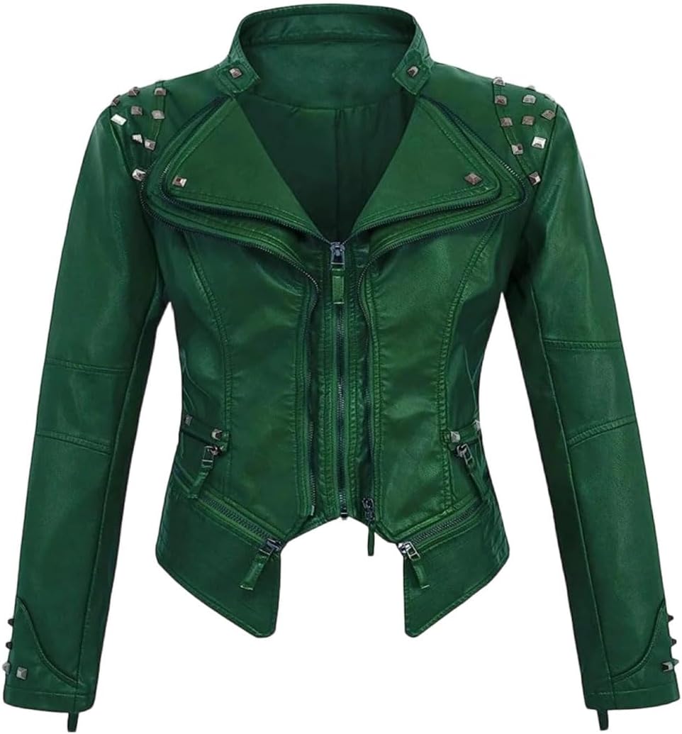 Ladies' Spring and Autumn suit collar, rivet waist, short style, washed PU, slimming and elegant leather jacket