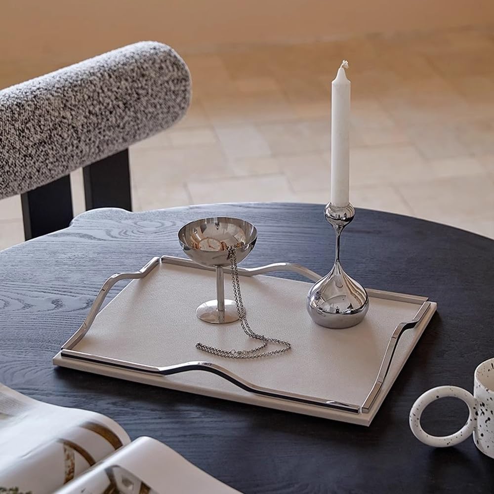 Decorative Serving Tray - Modern Rectangle Leather Tray with Metal Handles for Coffee Table, Living Room, and Kitchen