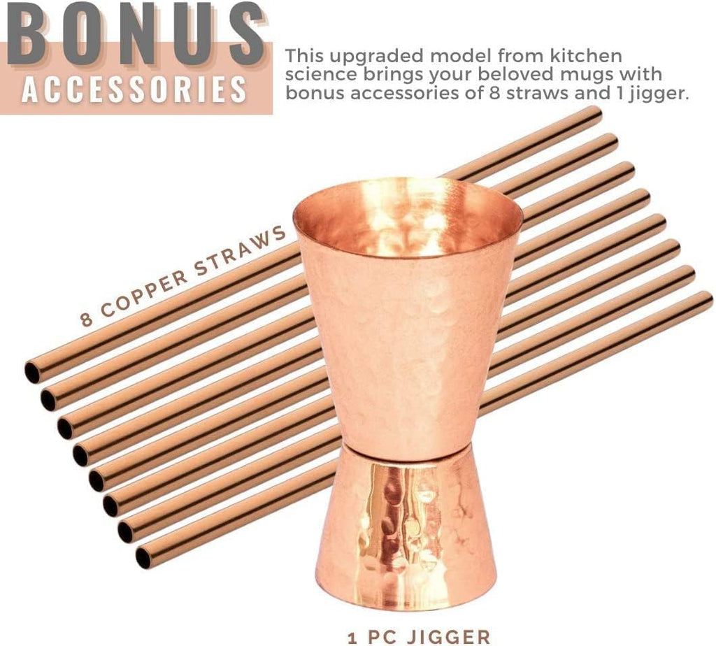 Kitchen Science Moscow Mule Copper Mugs Gift Set of 12 (16oz) – Pure Copper Hammered Barrel Style Cups w/Brass Handle, Food-Grade Lacquered Finish, Tarnish-Resistant, Includes Straws & Jigger