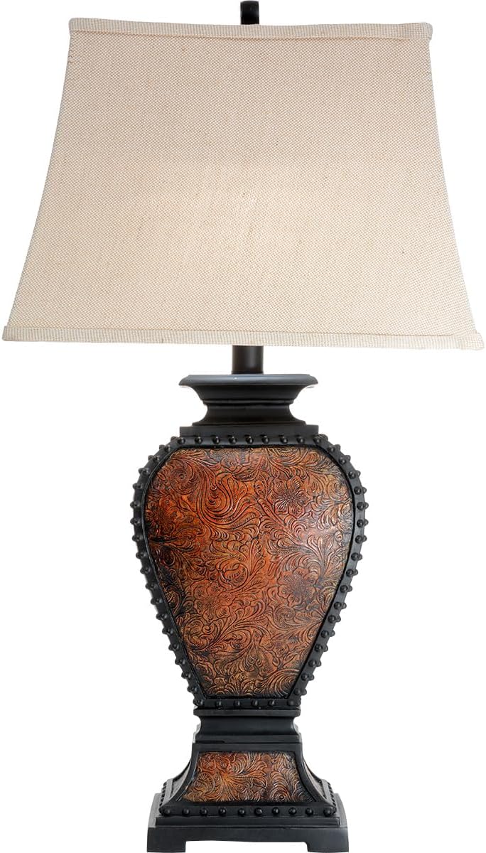BLACK FOREST DECOR Western Tooled Leather Table Lamp - Rustic Faux Leather Shade for Cabin Decor