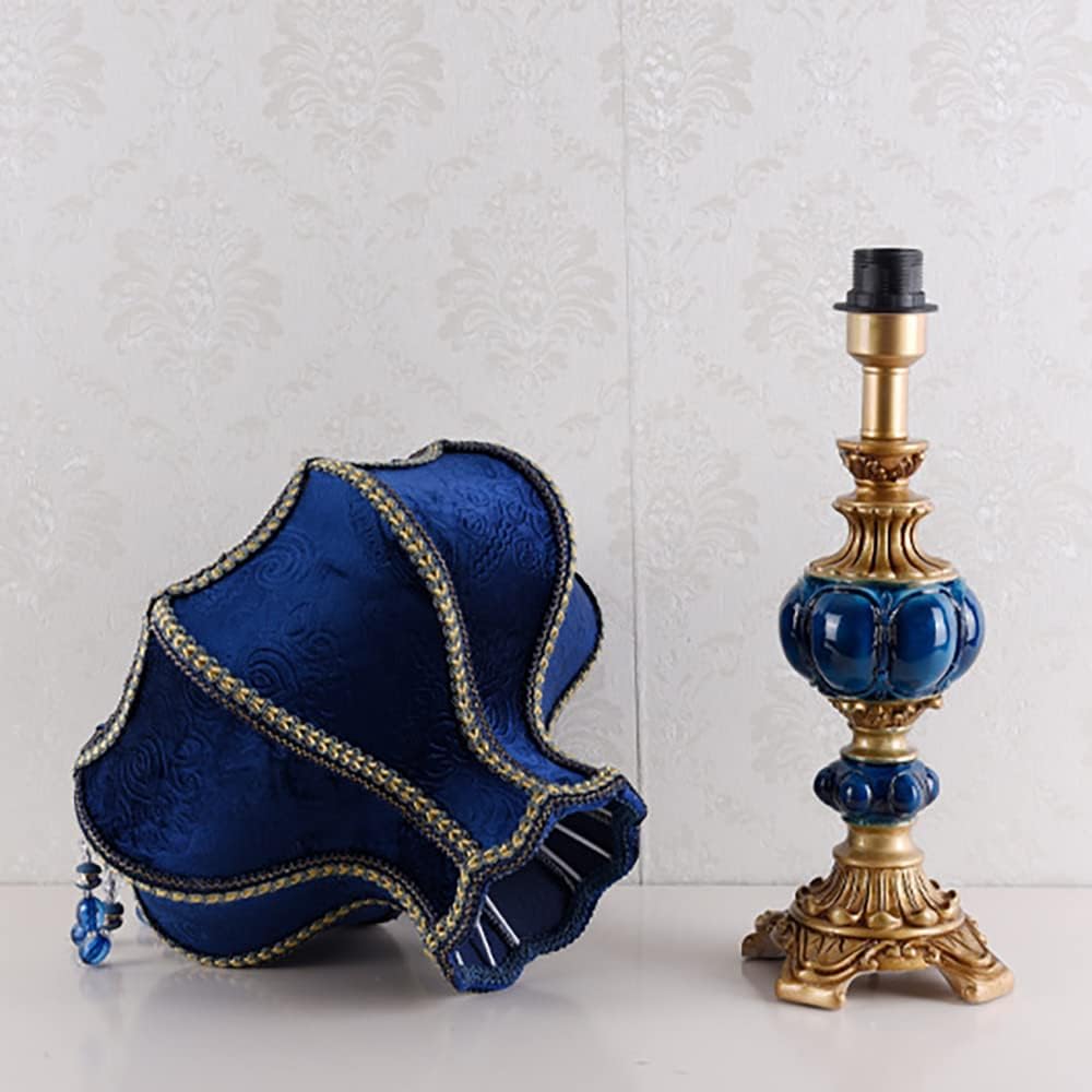 Meefad Victorian Table Lamp, Vintage Bedside Lamp with Beaded Fringe, Handpainted Resin Base, Elegant Night Light Accent Lamp for Bedroom Reading Nightstand (Dark Blue)
